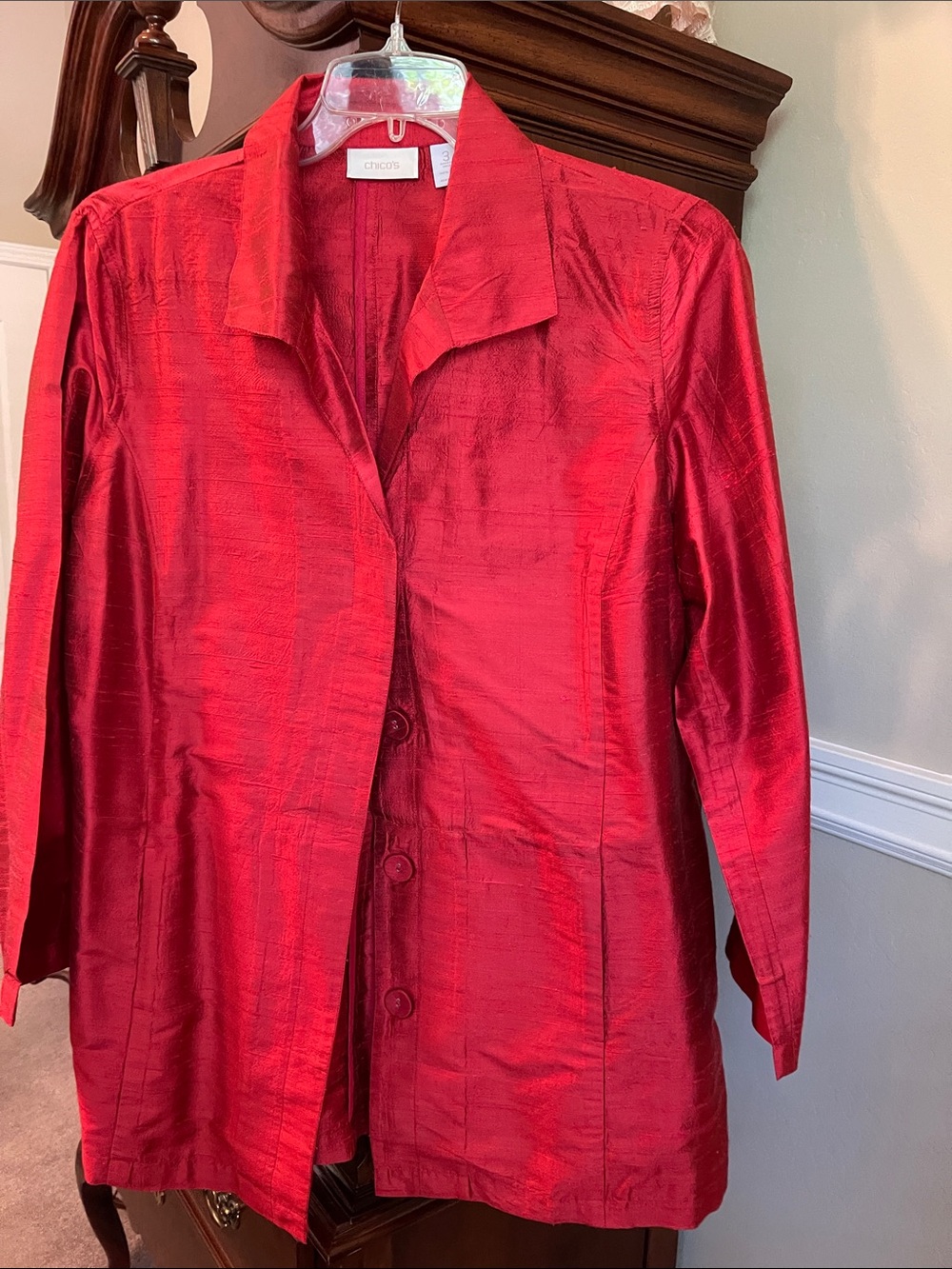 Chico's Shiny Red Satin Button-Front Jacket
